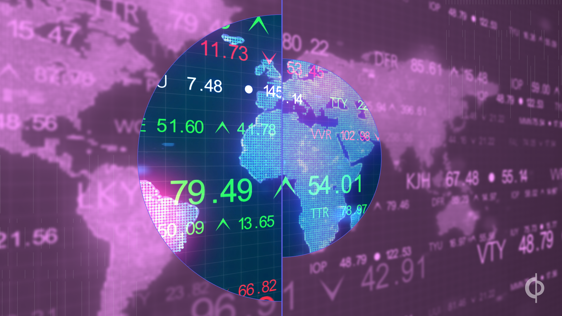 stock market tickers overlaid over map of the world